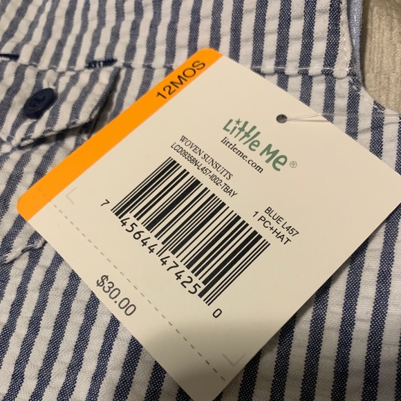 Little Me Woven Sunsuit w Hat NWT Nautical Blue Summer Stripes & Rainbow Fish - Picture 2 of 3